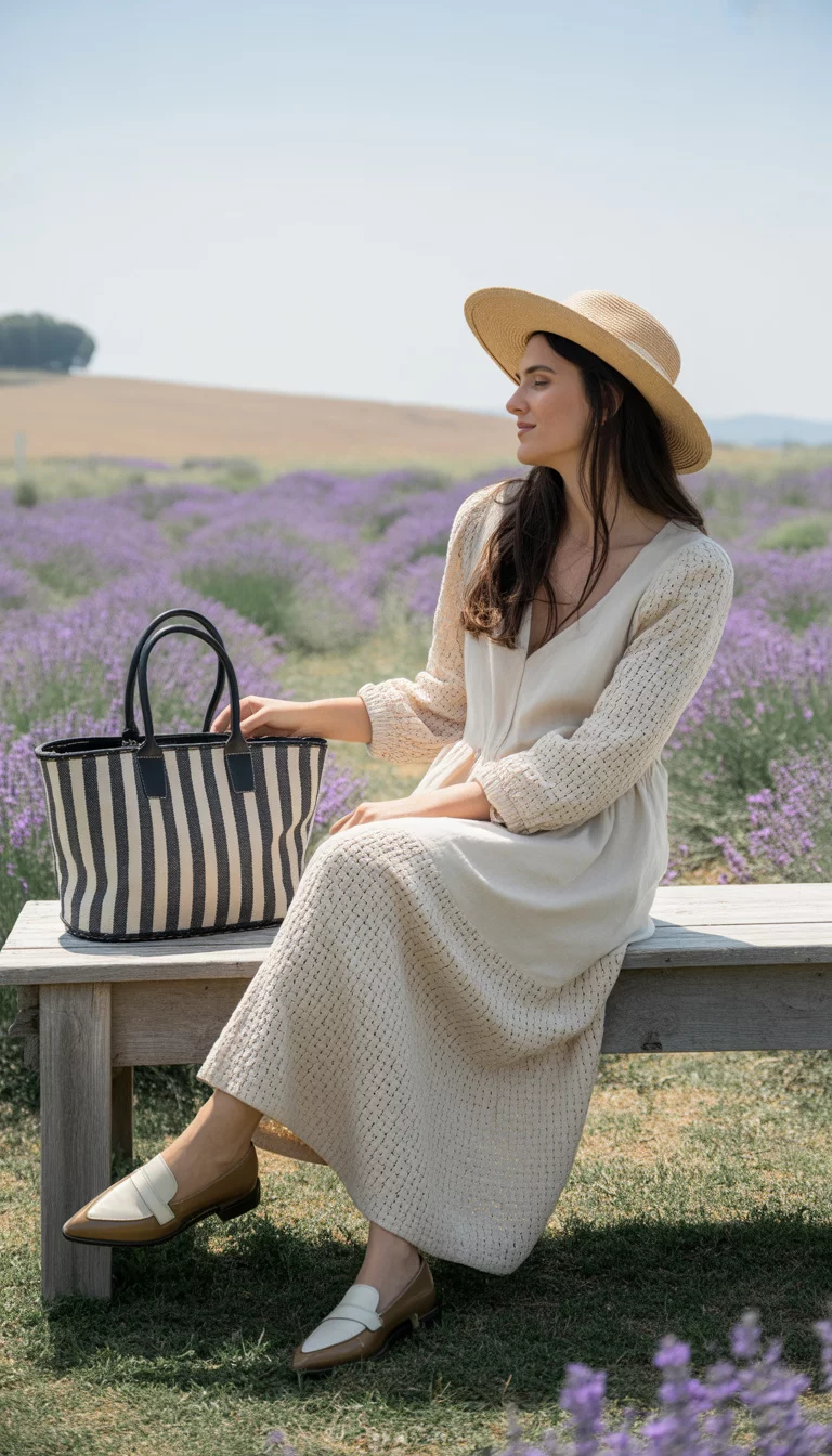 A beautiful woman in a long, cream-colored, open-knit dress and a straw hat, she sits outdoors and carries a large black and white striped bag and wears two-toned pointed loafers.