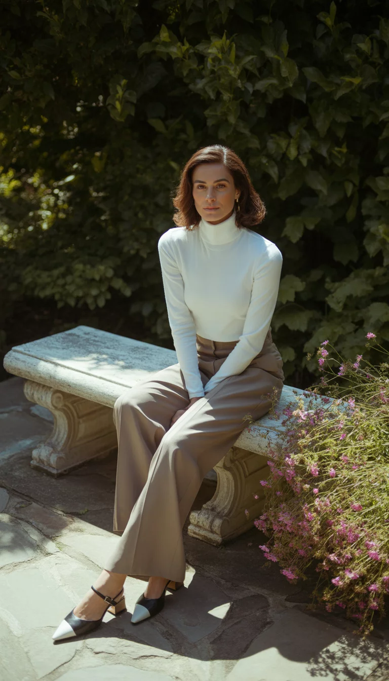 A beautiful woman in a white turtleneck top, wide-leg taupe trousers, and two-tone black and white slingbacks, she sits outdoors on a stone bench.