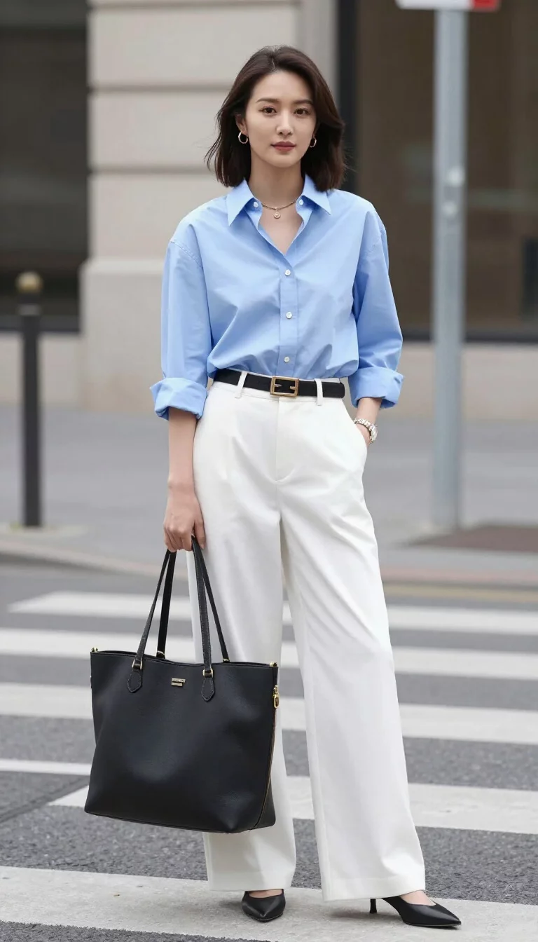 A beautiful woman in a light blue button-down shirt over wide-leg white pants with a Fendi belt and large black tote bag, she stands on a city crosswalk.