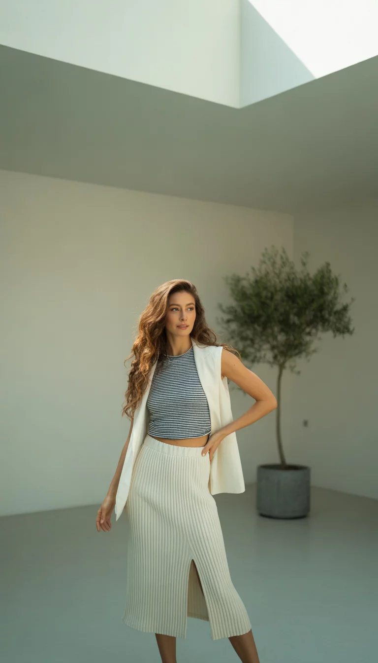 A beautiful woman in a cream ribbed midi skirt with a slit and a navy and white striped crop top with a white vest draped over shoulders, she stands in an elegant square.