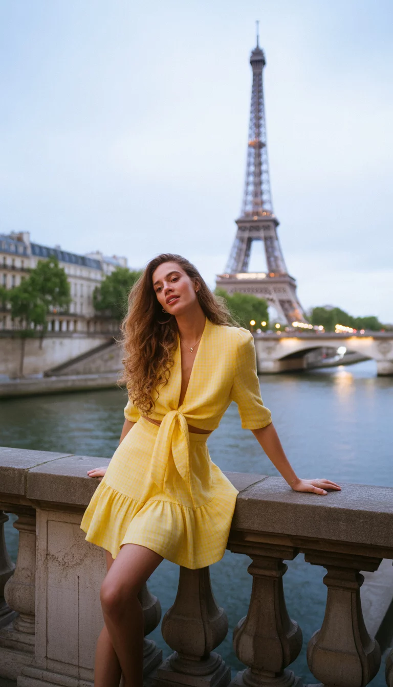 A beautiful woman in a yellow gingham tie front mini dress, she poses on a stone bridge railing above the Seine River with the Eiffel Tower in the background.