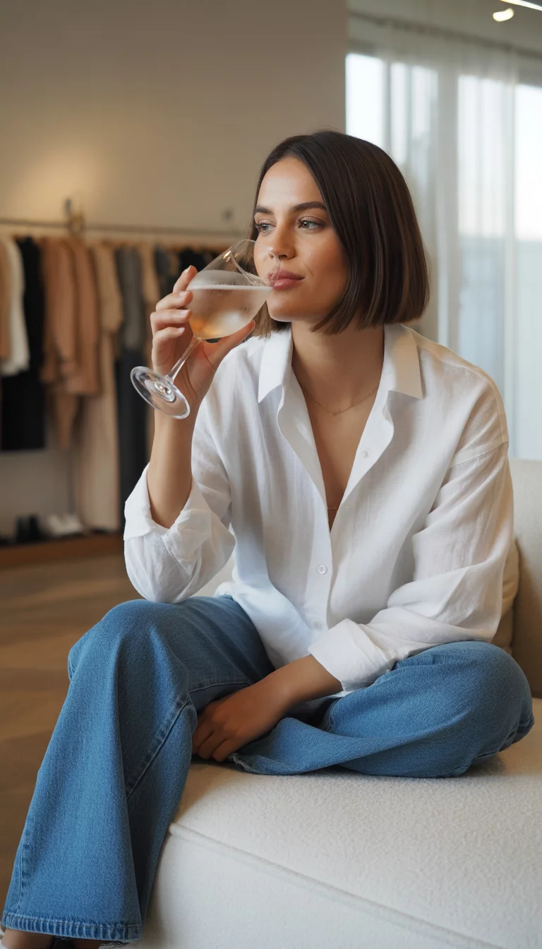A beautiful woman in an oversized white button down shirt and wide leg blue jeans, she is sipping a drink while seated on a cream couch in a luxurious boutique setting.