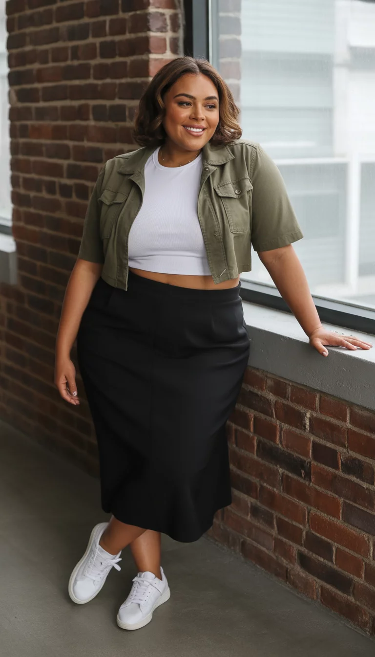 A beautiful plus size woman in a white crop top under a short cropped olive green utility jacket and a tight black midi skirt with white sneakers.