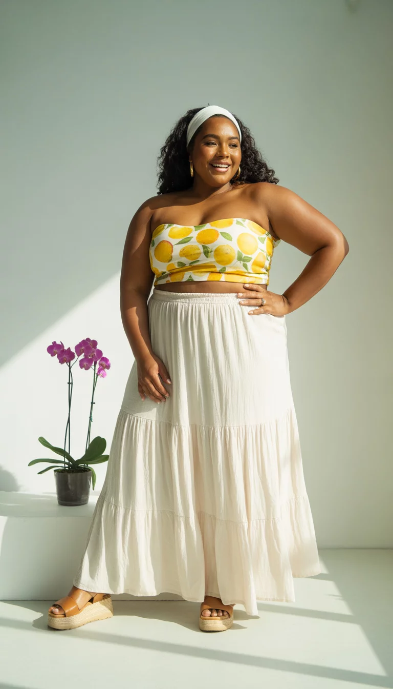 A beautiful plus size woman in a yellow fruit print tube top, a long tiered white maxi skirt, tan platform sandals, and a white headband, she poses indoors for a vibrant look.