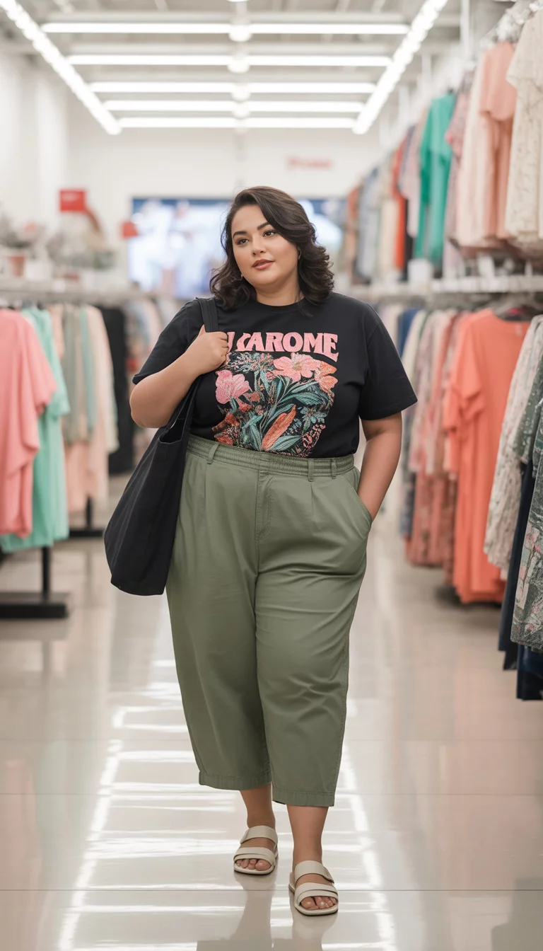 A beautiful plus size woman in a graphic tee, loose olive green cropped pants, light sandals, and a black tote in a retail store aisle.