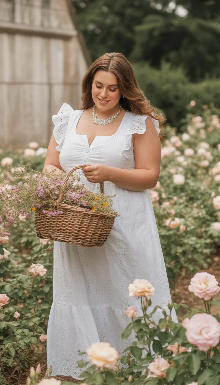 A beautiful plus size woman in an elegant white eyelet maxi dress with ruffles and a pearl necklace, she holds a woven basket of flowers in a garden.