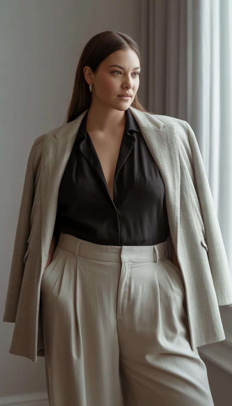 A beautiful plus size woman in high waisted wide beige linen trousers, a black low cut shirt, and a light beige textured blazer, she poses indoors.