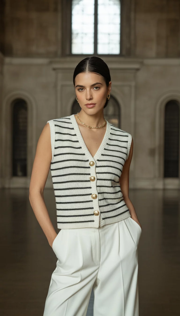 Gold Accented Knit Glamour A beautiful woman in a white and black horizontal striped knit vest with gold buttons, high waisted white trousers, and gold jewelry, standing in a stone hall.
