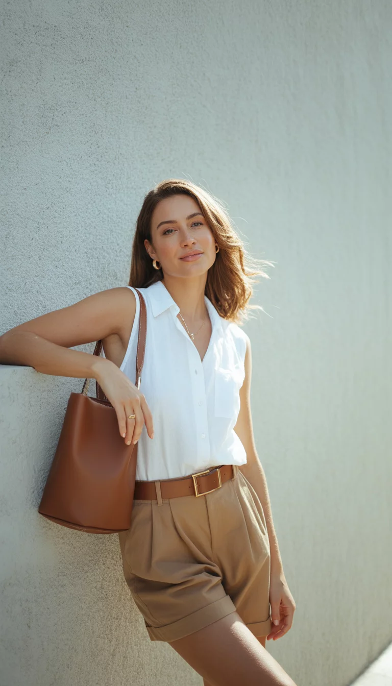 Sleeveless Sophistication A beautiful woman in a white sleeveless button down shirt, tan pleated shorts, brown belt with gold buckle, and a brown bucket bag, posing against a light wall.