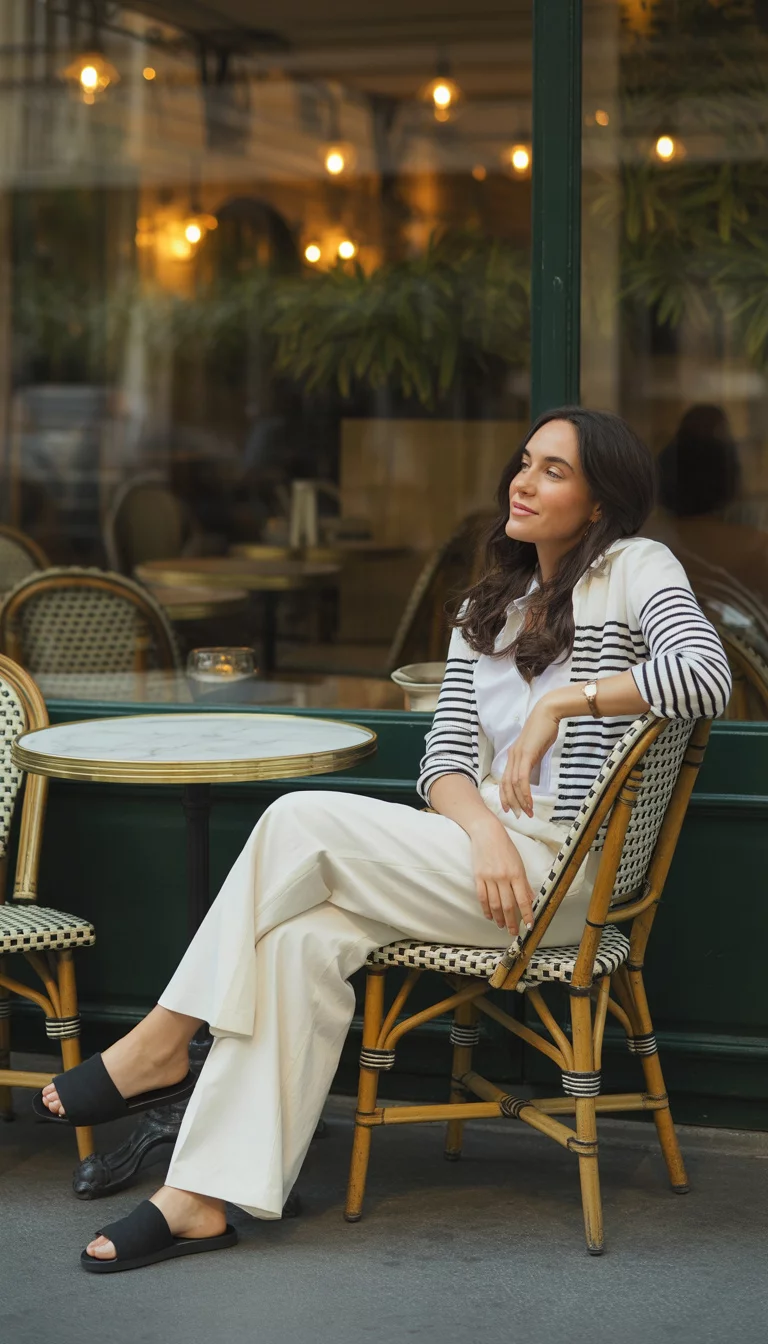 The Shoulder Knotted Sweater A beautiful woman in a white top, cream pants, black slides, and a black and white striped sweater tied over her shoulders, sitting at a cafe table.