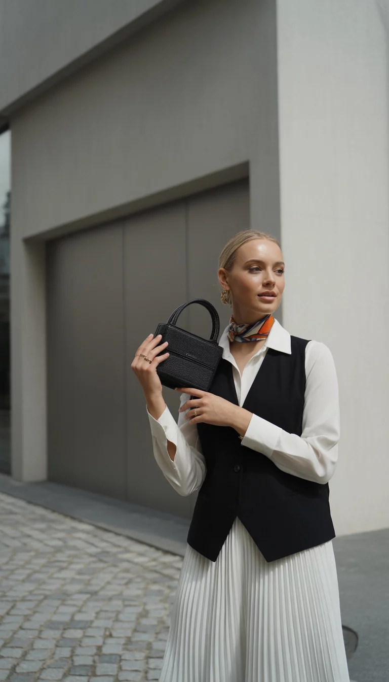 Architectural Vest Layering A beautiful woman in a white pleated skirt, white collared shirt, black vest, and a neck scarf, carrying a small black handbag near a white facade.