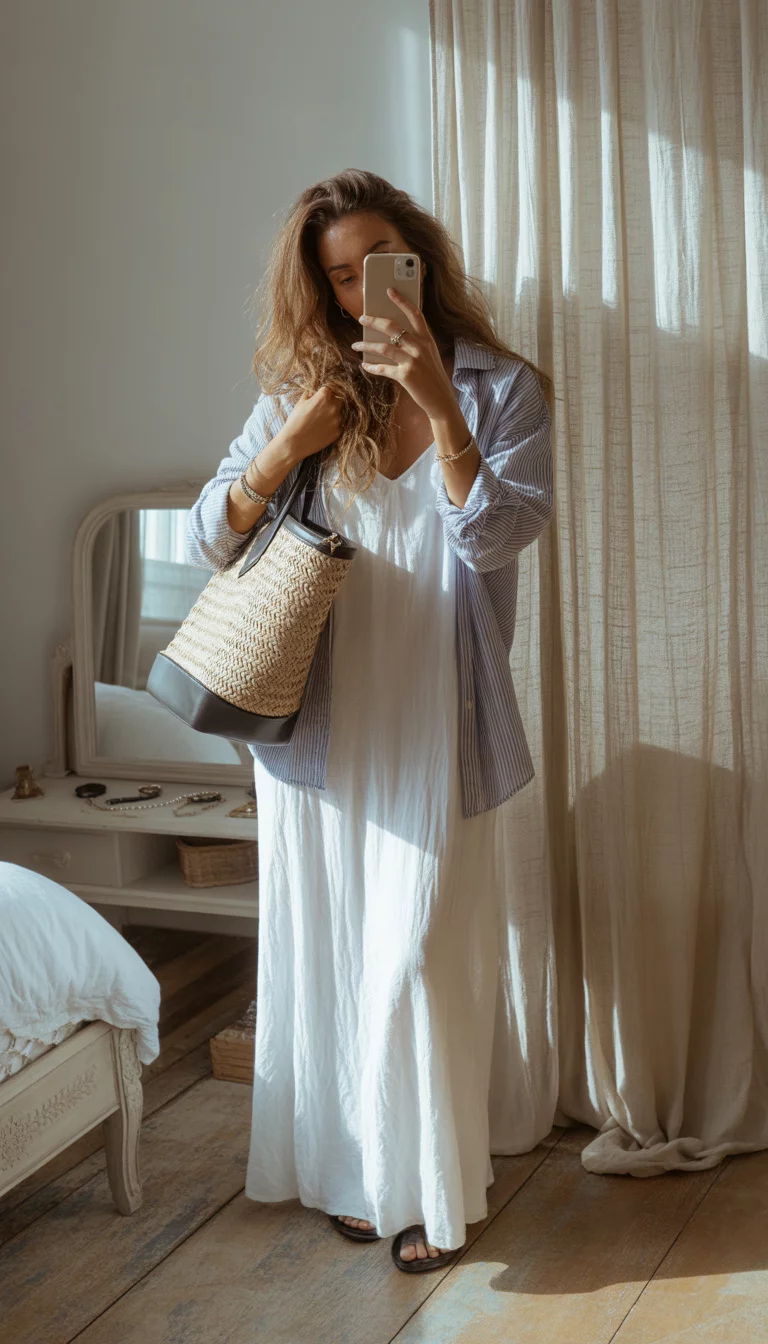 Coastal Hallway Chic A beautiful woman in a white maxi slip dress, open blue striped shirt, and a woven tote bag with black leather accents, taking a mirror selfie.