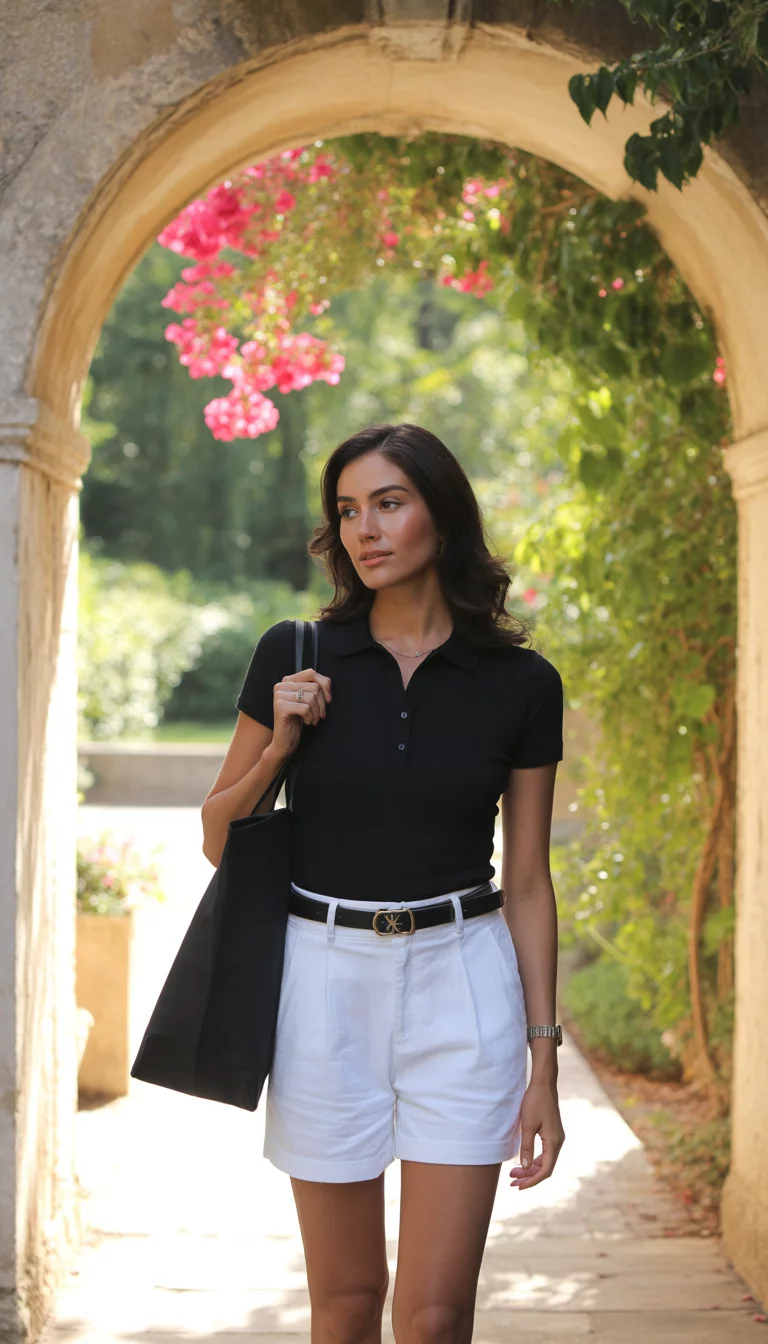 The Iconographic Polo Style A beautiful woman in a fitted black polo top, white high waisted shorts, black belt with an RL buckle, and a black tote bag, standing in an archway.