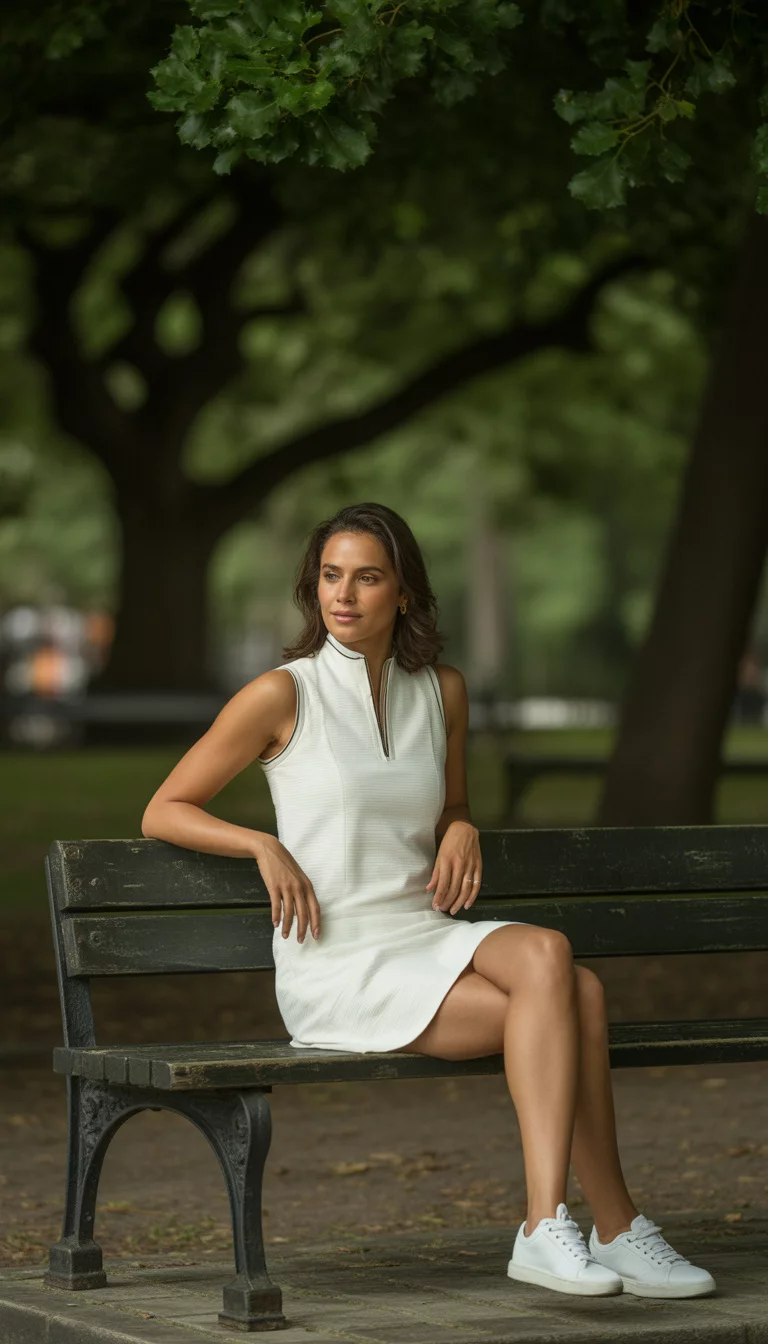 A beautiful woman in a white sleeveless mock neck mini dress with black trim and white sneakers, sitting on a dark park bench.