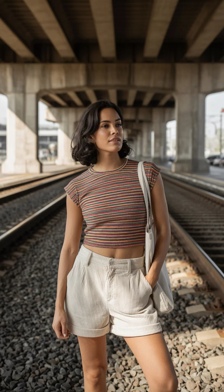 Structural Lines And Corduroy Shorts A beautiful woman in a multi striped cap sleeve crop top, light beige cuffed corduroy shorts, white tote bag, standing under an overpass near train tracks.