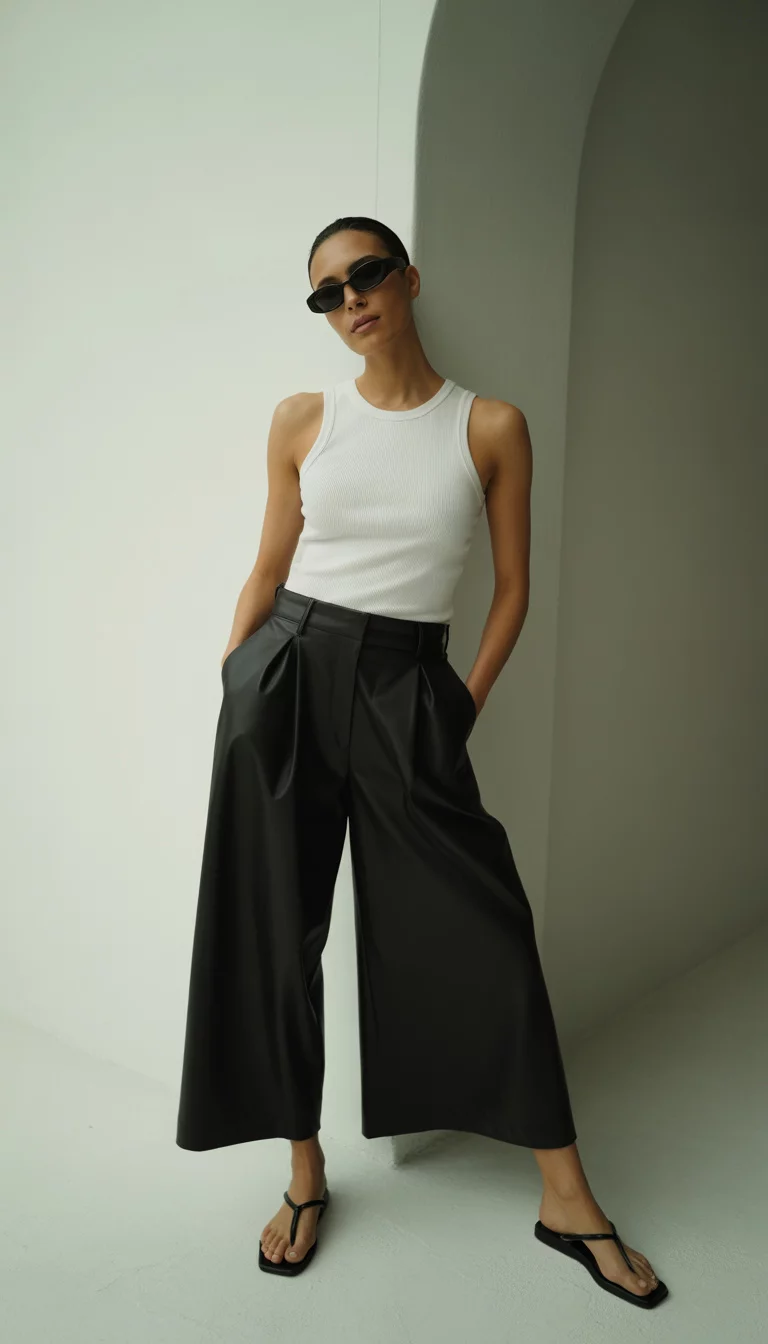 The Culotte Statement A beautiful woman in a white ribbed tank top, large black structured culottes, dark sunglasses, black flat thong sandals, standing against a white wall.