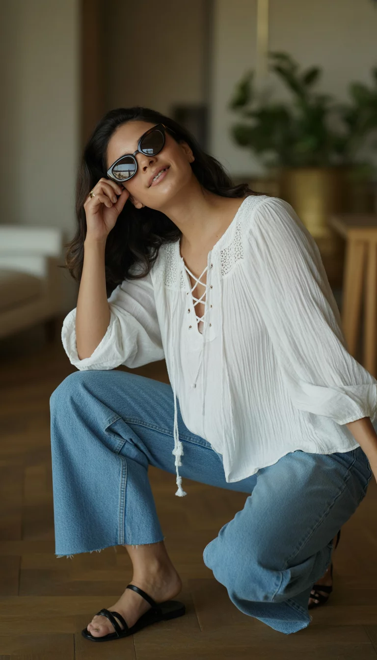 Peasant Blouses And Straight Leg Denim A beautiful woman in a white peasant style blouse with lace up front and voluminous sleeves, medium wash straight leg jeans, black flat sandals, sunglasses, posing indoors.