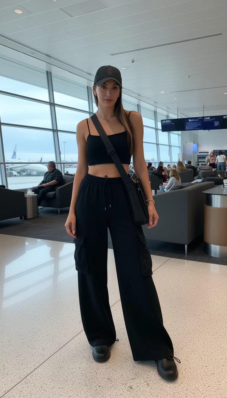 A beautiful woman in a black spaghetti strap crop top, black wide-leg cargo sweatpants, a dark baseball cap, and a side-slung black bag, airport lounge area.
