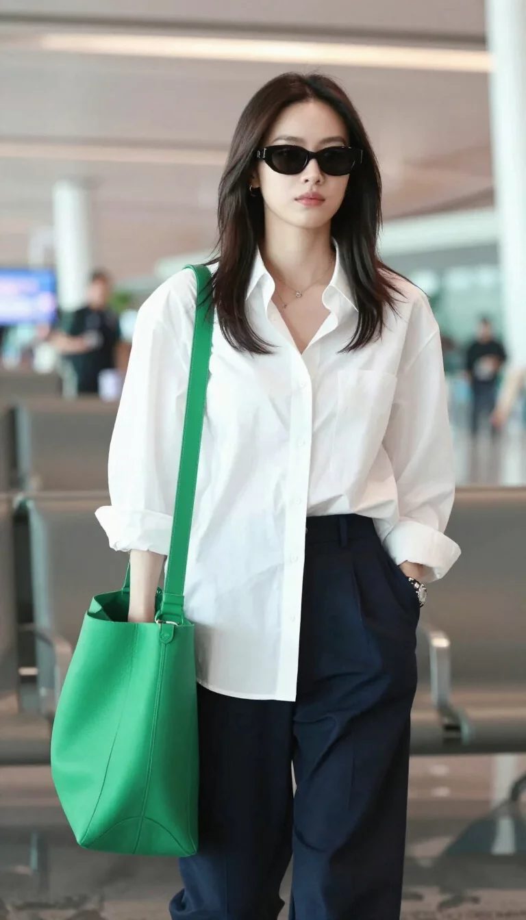 A beautiful woman in an untucked white oversized button-down shirt, dark wide-leg trousers, and a large green tote, airport lounge area.
