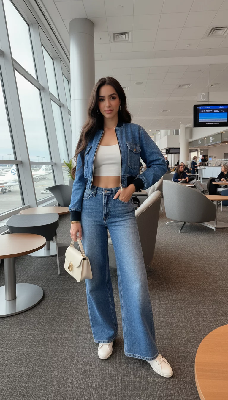 A beautiful woman in a cropped blue denim zip-up bomber jacket, white top, and matching blue wide-leg jeans, airport lounge area.