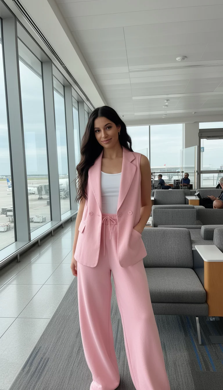 A beautiful woman in a sleeveless light pink lapel jacket over a white tank top, matching light pink wide-leg drawstring sweatpants, airport lounge area.
