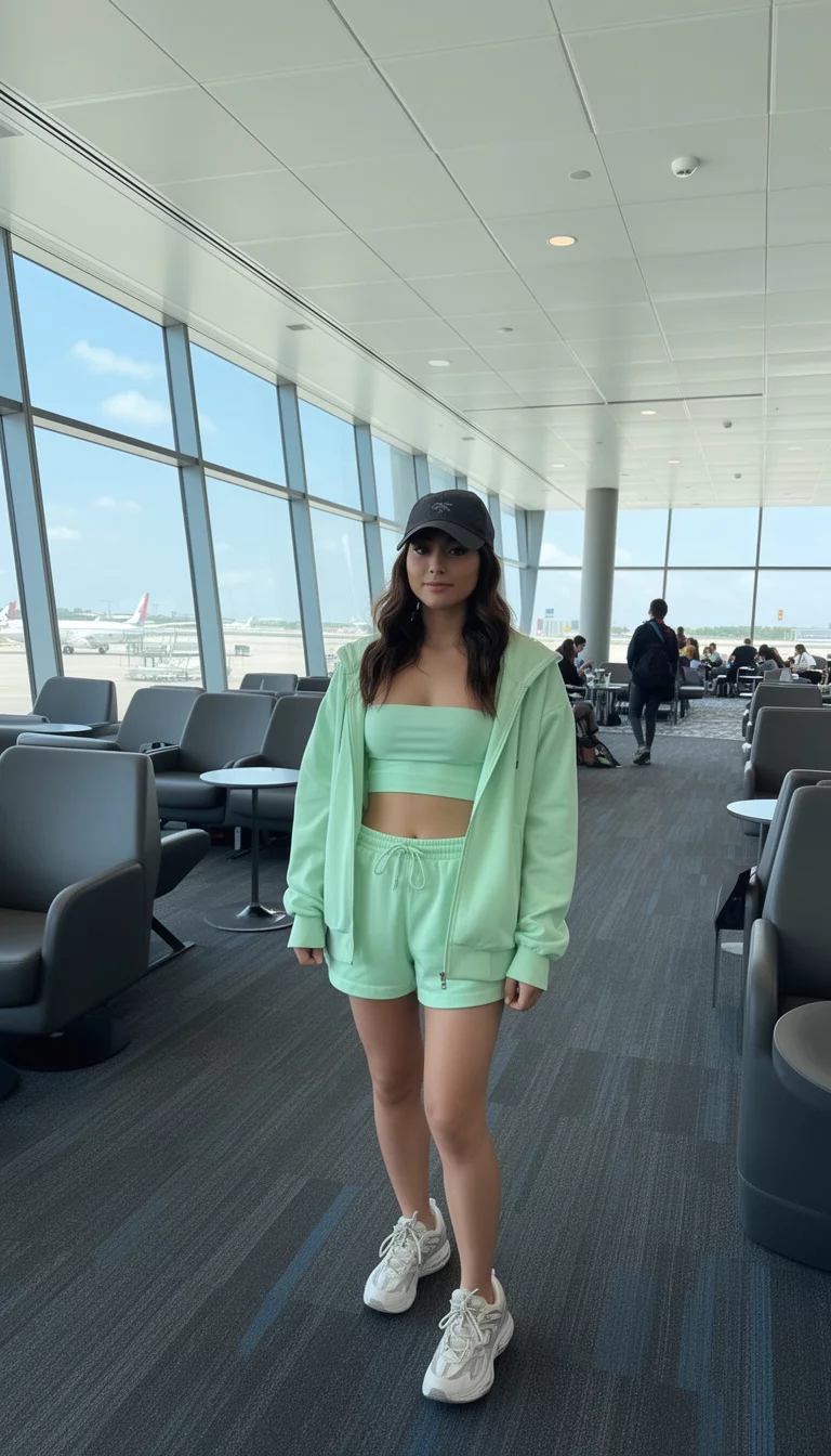 A beautiful woman in a mint green hooded zip-up jacket, mint green bandeau crop top, and mint green drawstring shorts, a dark cap, and sneakers, airport lounge area.