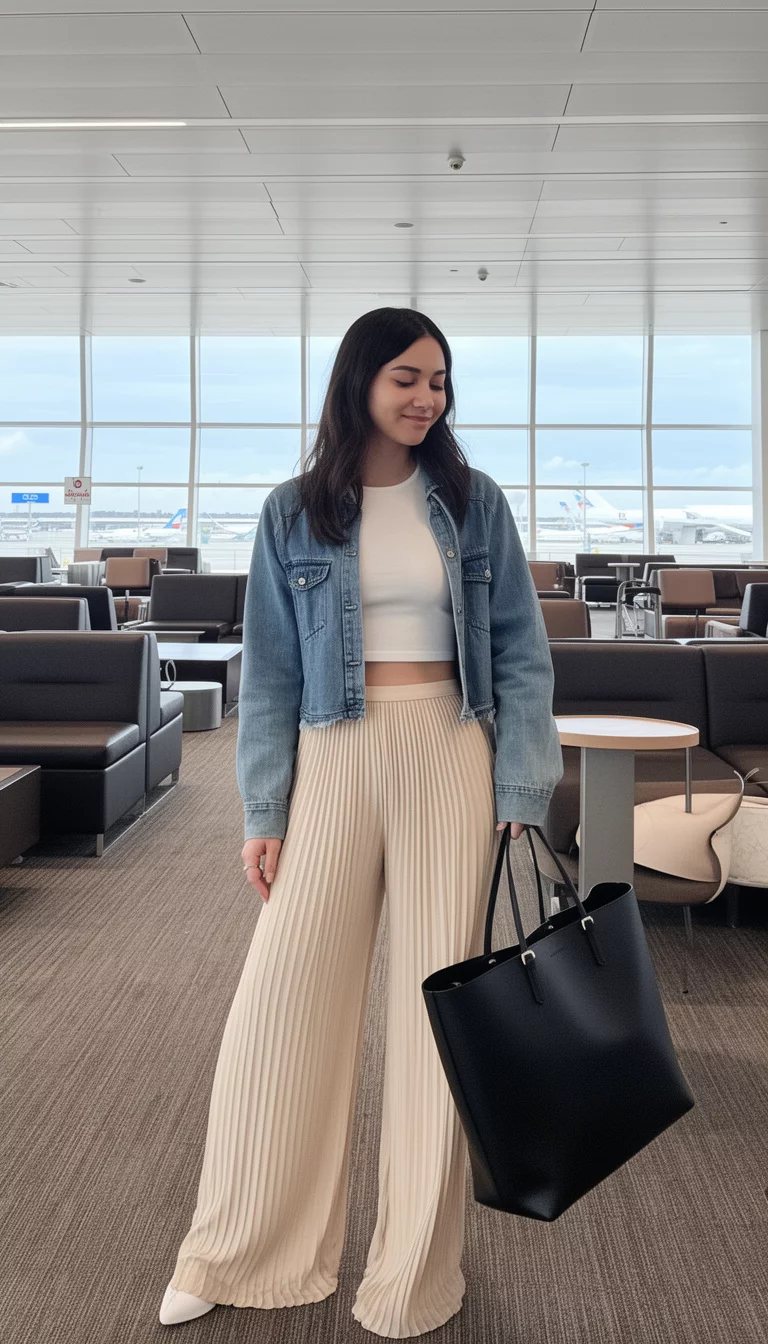 A beautiful woman in a light beige wide-leg pleated trousers, white crop top, denim crop shirt, and a large black tote bag, airport lounge area.
