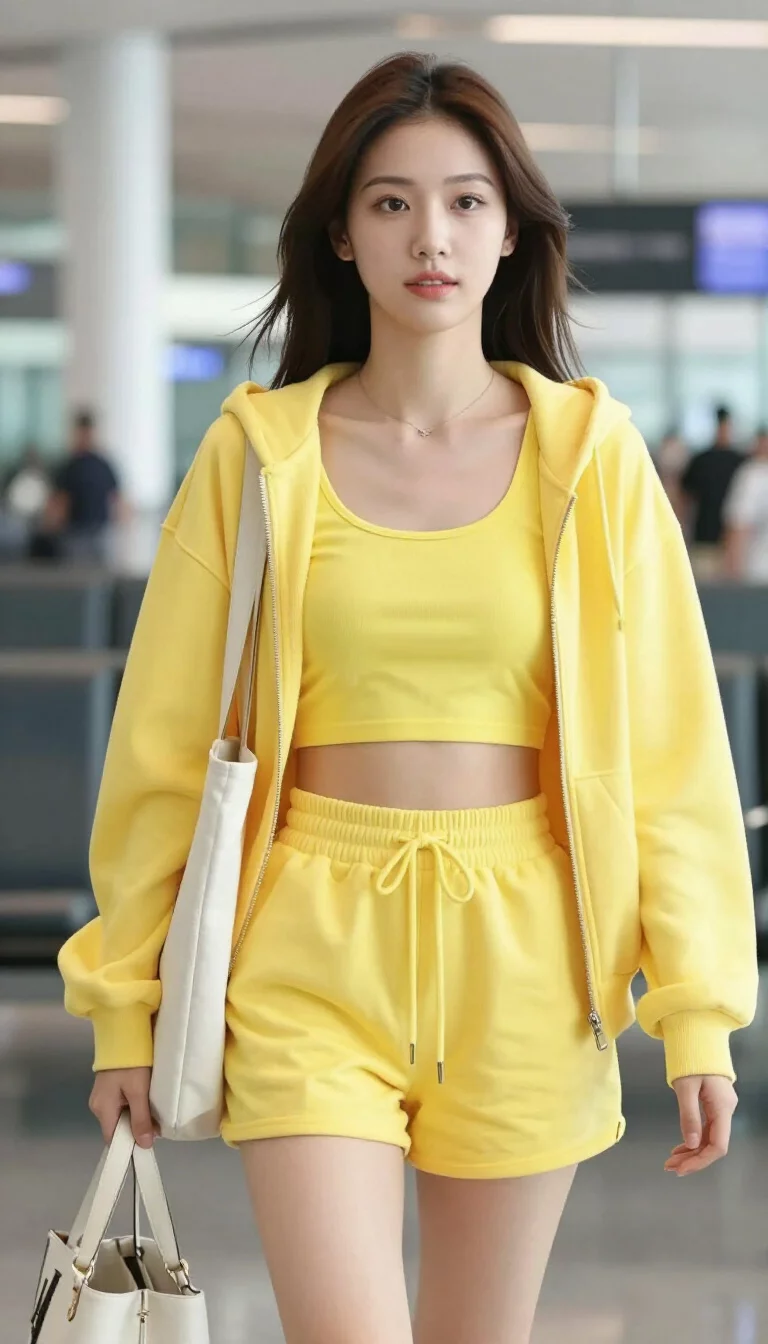 A beautiful woman in a yellow cropped zip-up hoodie, yellow crop top, and yellow high-waisted drawstring shorts, she carries a white tote, airport lounge area.