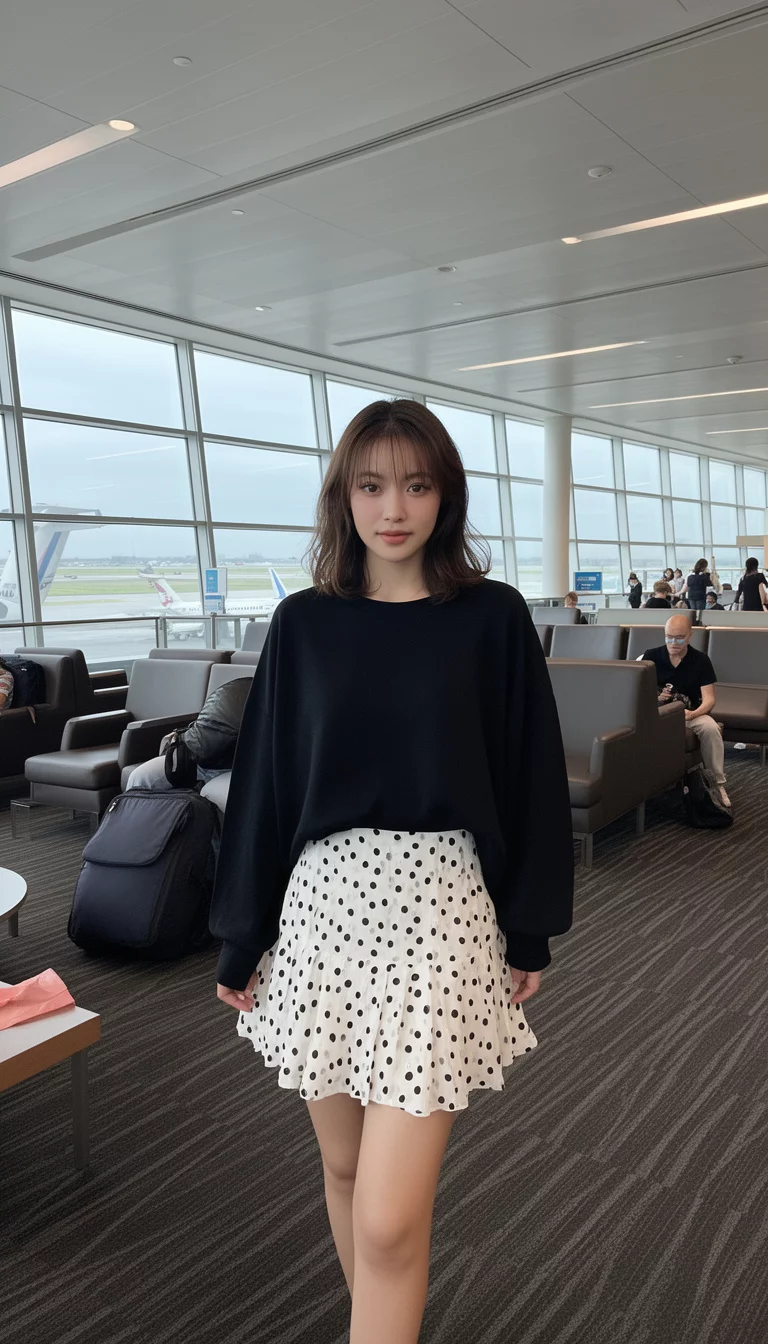 A beautiful woman in a black oversized long-sleeve top and a short flowy white skirt with black polka dots, airport lounge area.