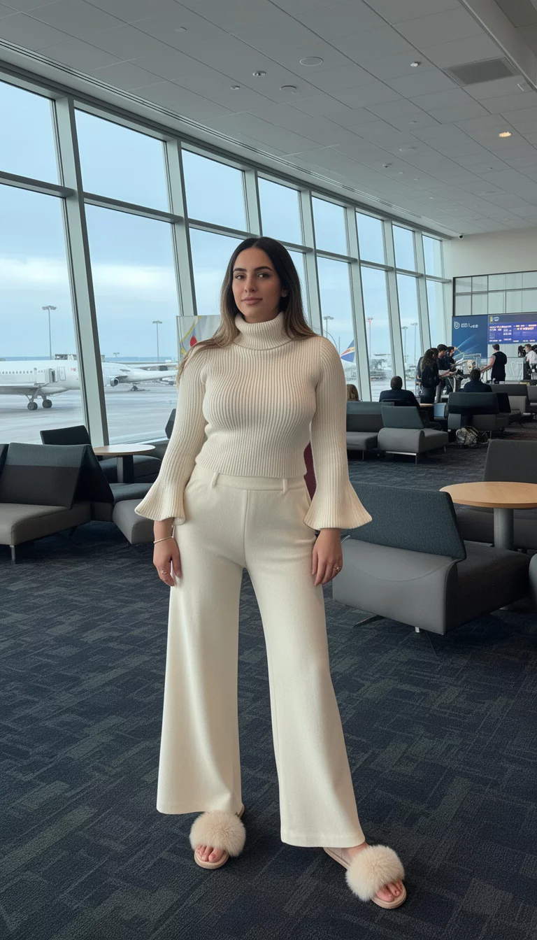 A beautiful woman in a cream ribbed knit turtleneck top with flared sleeves, matching cream wide-leg pants, and fur-trimmed slippers, airport lounge area.