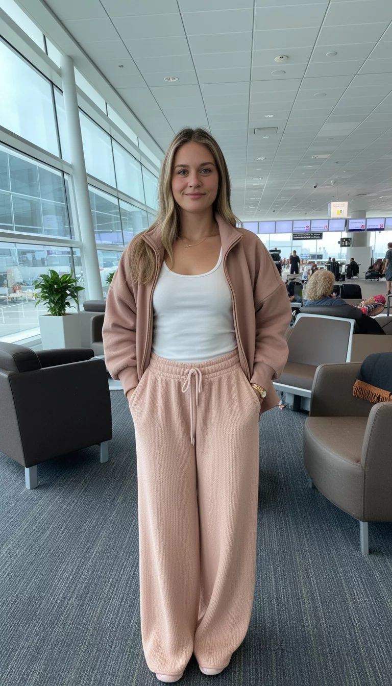A beautiful woman in a light brown zip-up jacket over a white tank top, matching blush-toned knit wide-leg sweatpants, airport lounge area.