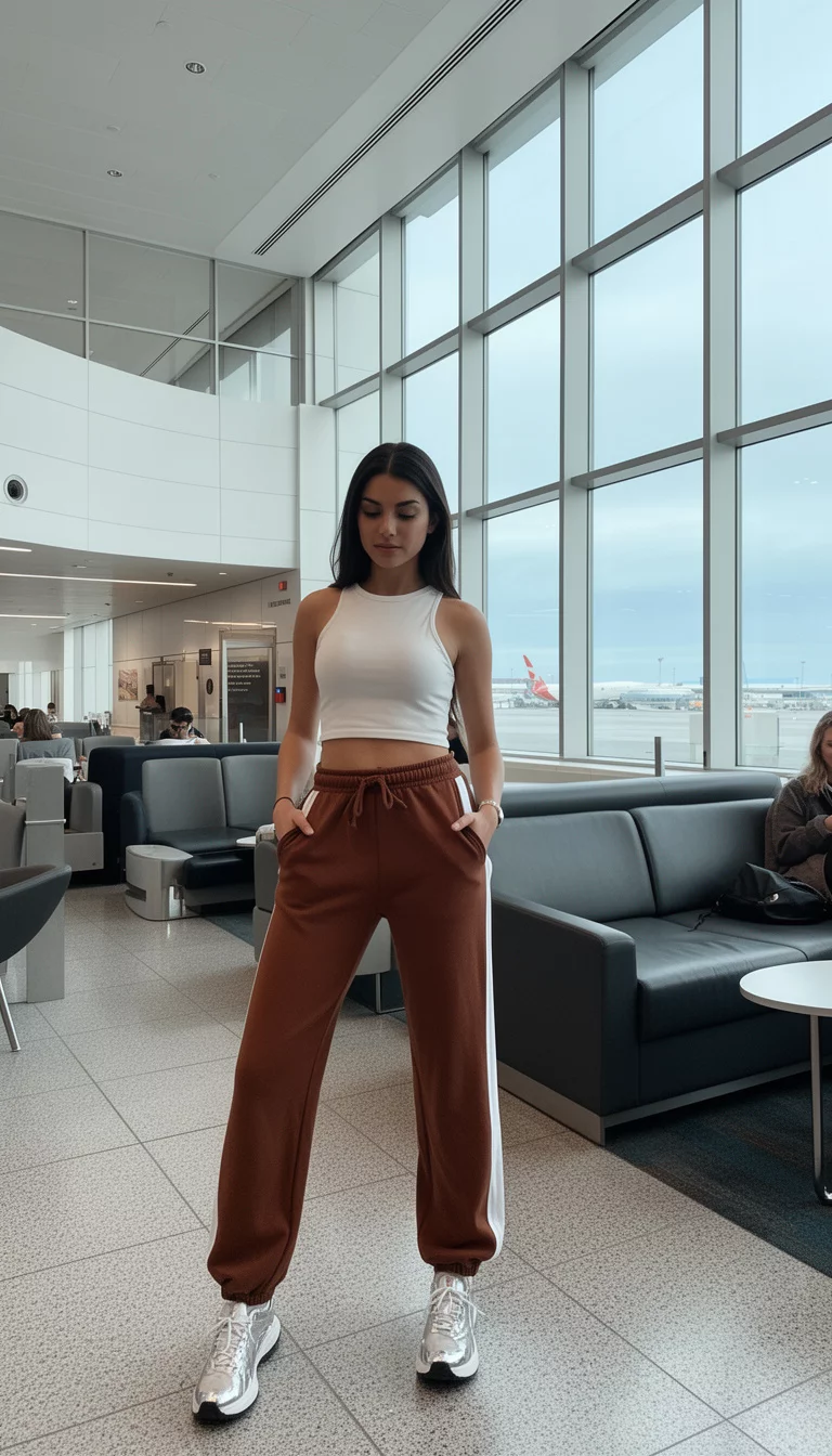 A beautiful woman in a white crop top, brown wide-leg sweatpants with white vertical side stripes, and silver sneakers, airport lounge area.