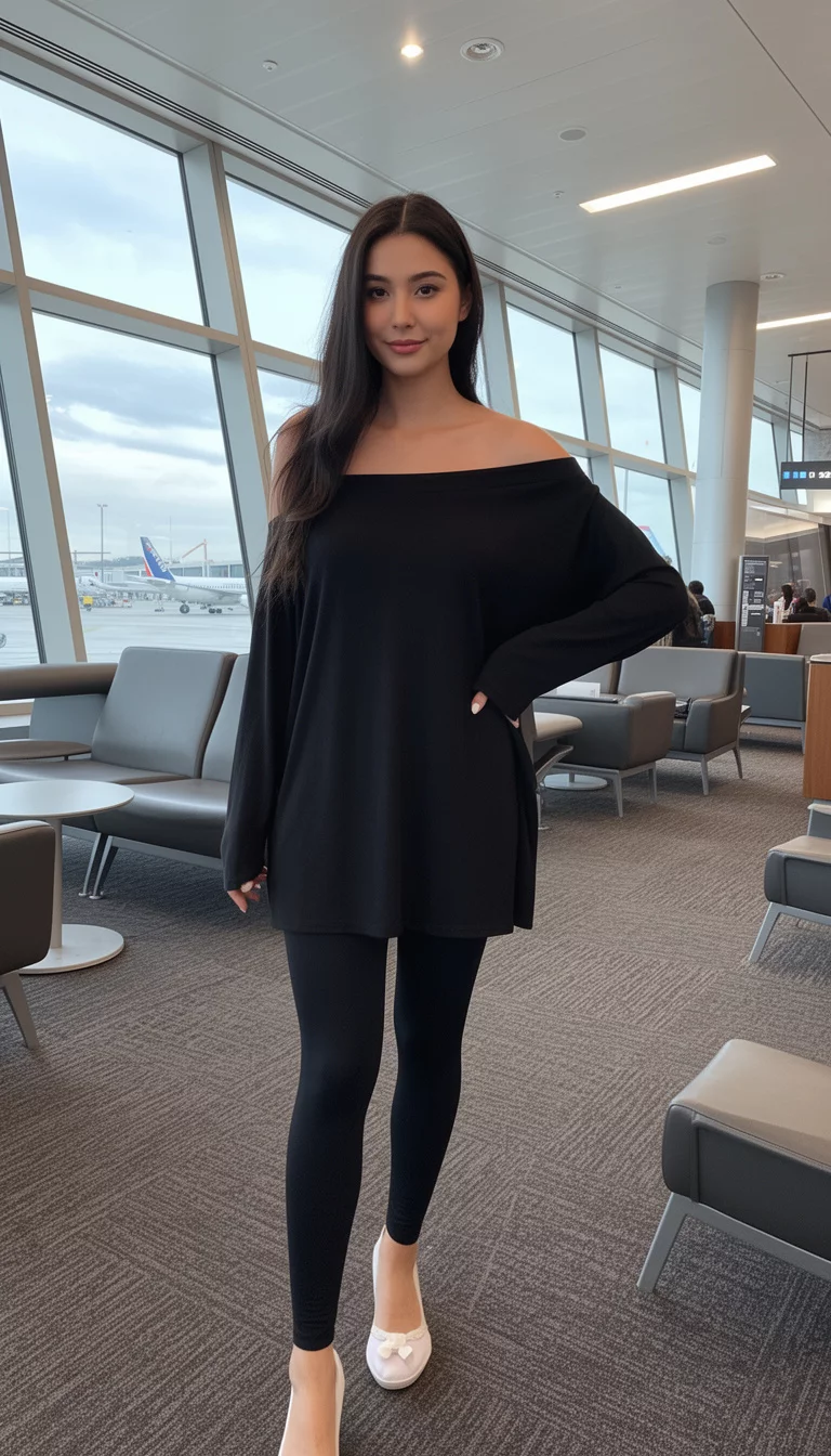 A beautiful woman in an off-the-shoulder black long-sleeve loose top and matching black fitted leggings, airport lounge area.