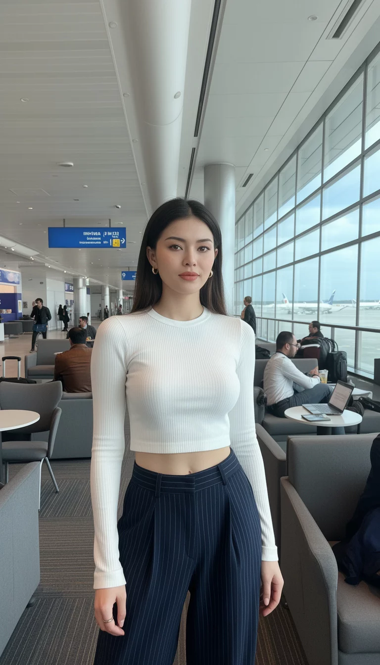 A beautiful woman in a white long-sleeve ribbed crop top and dark pinstriped loose-fitting trousers, airport lounge area.