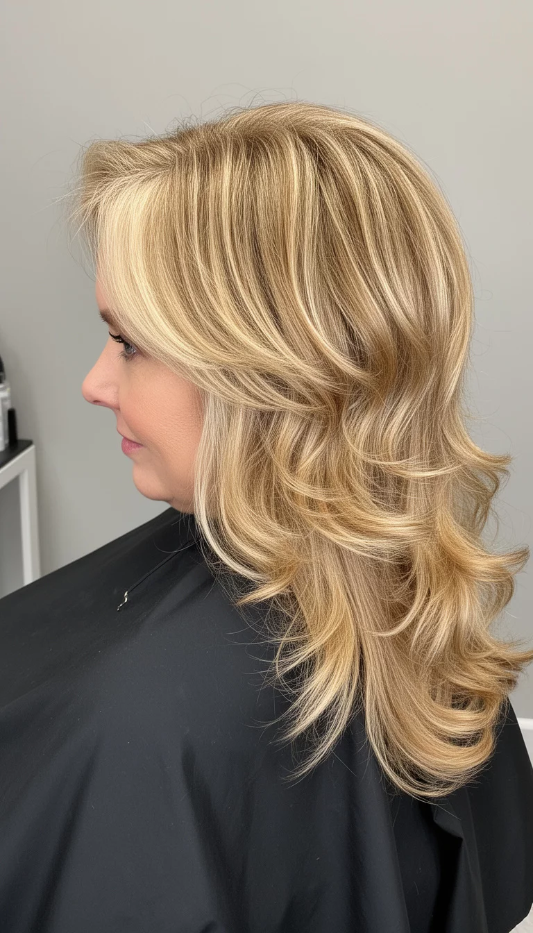 selfie of a 49-year-old woman wearing a black salon cape with a Feathered Golden Curls colored medium-long, golden blonde hair with chunky highlights styled with feathered layers and soft curls, back/side view, minimal background