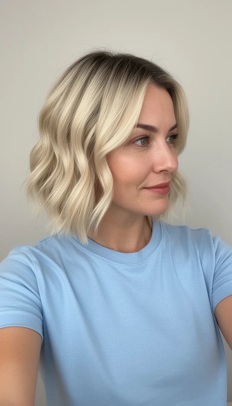 selfie of a 30-year-old woman wearing a light blue t-shirt with a Rooted Face Framing Bob colored medium-length, bright blonde hair with dark roots and face-framing layers styled with soft waves, side view, minimal background