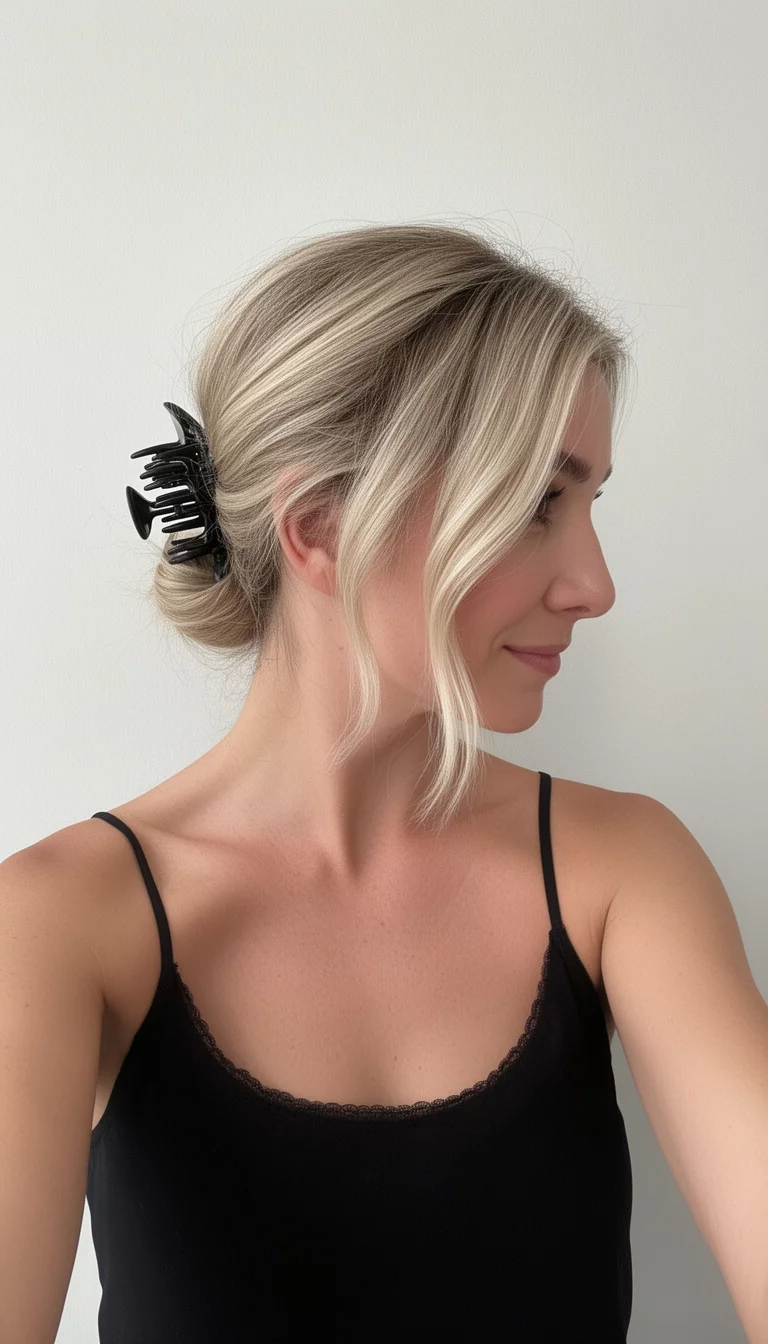 selfie of a 32-year-old woman wearing a black camisole with a Effortless Claw Clip Blonde colored messy blonde hair styled in a low bun secured with a black claw clip, with face-framing pieces, side view, minimal background