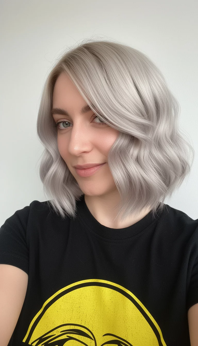 selfie of a 31-year-old woman wearing a black t-shirt with a yellow graphic with a Cool Toned Graphic Bob colored medium-length, cool-toned platinum blonde hair styled in soft waves and layered around the face, side view, minimal background