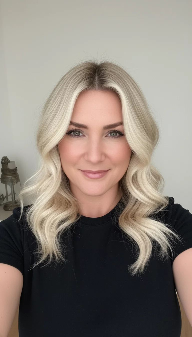 selfie of a 34-year-old woman wearing a black t-shirt with a Sunny Smile Bright Blonde colored bright blonde hair with loose waves and subtle darker roots, front view, minimal background