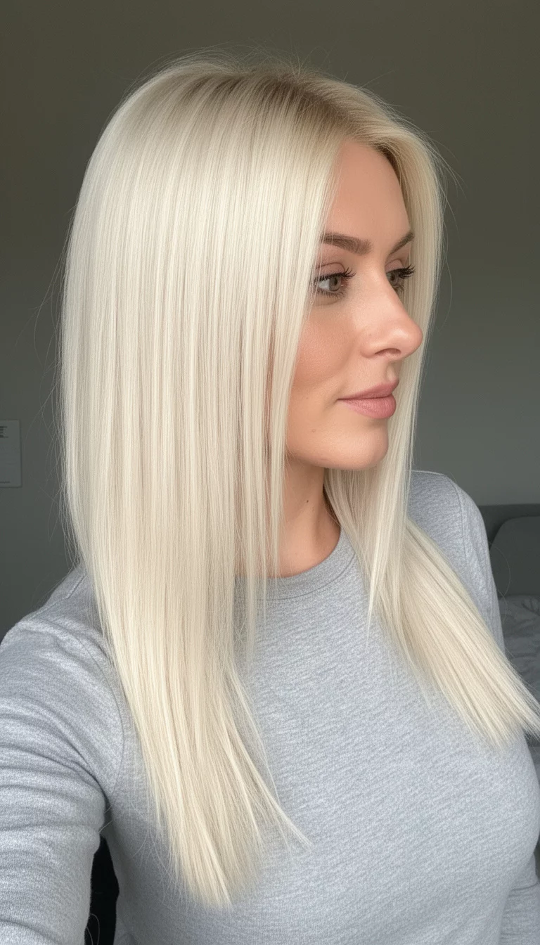 selfie of a 33-year-old woman wearing a light grey top with a Straight Flipped Ice colored very long, bright blonde hair with heavy layering styled straight with flipped ends, side view, minimal background