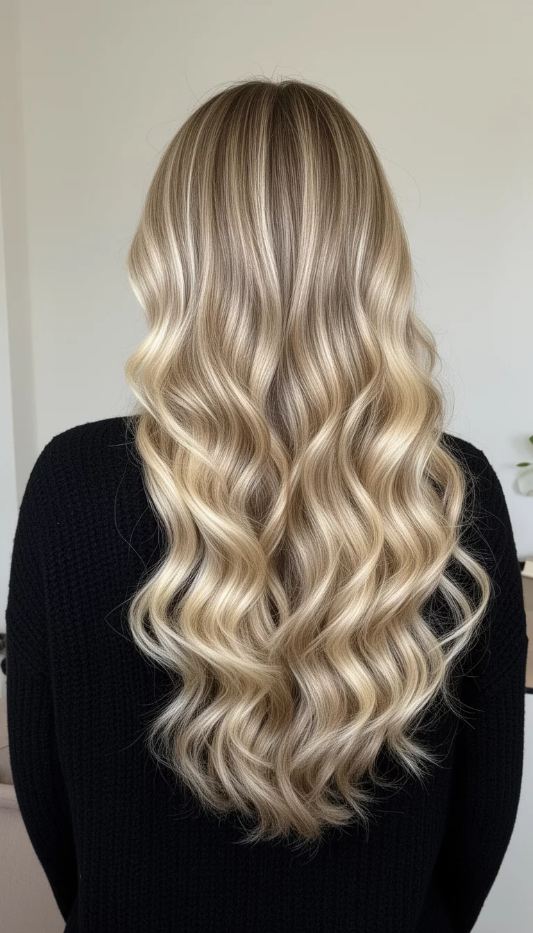 selfie of a 36-year-old woman wearing a black knit top with a Heavily Highlighted Luxe Volume colored very long, heavily highlighted blonde hair styled in defined, voluminous, loose waves, back view, minimal background