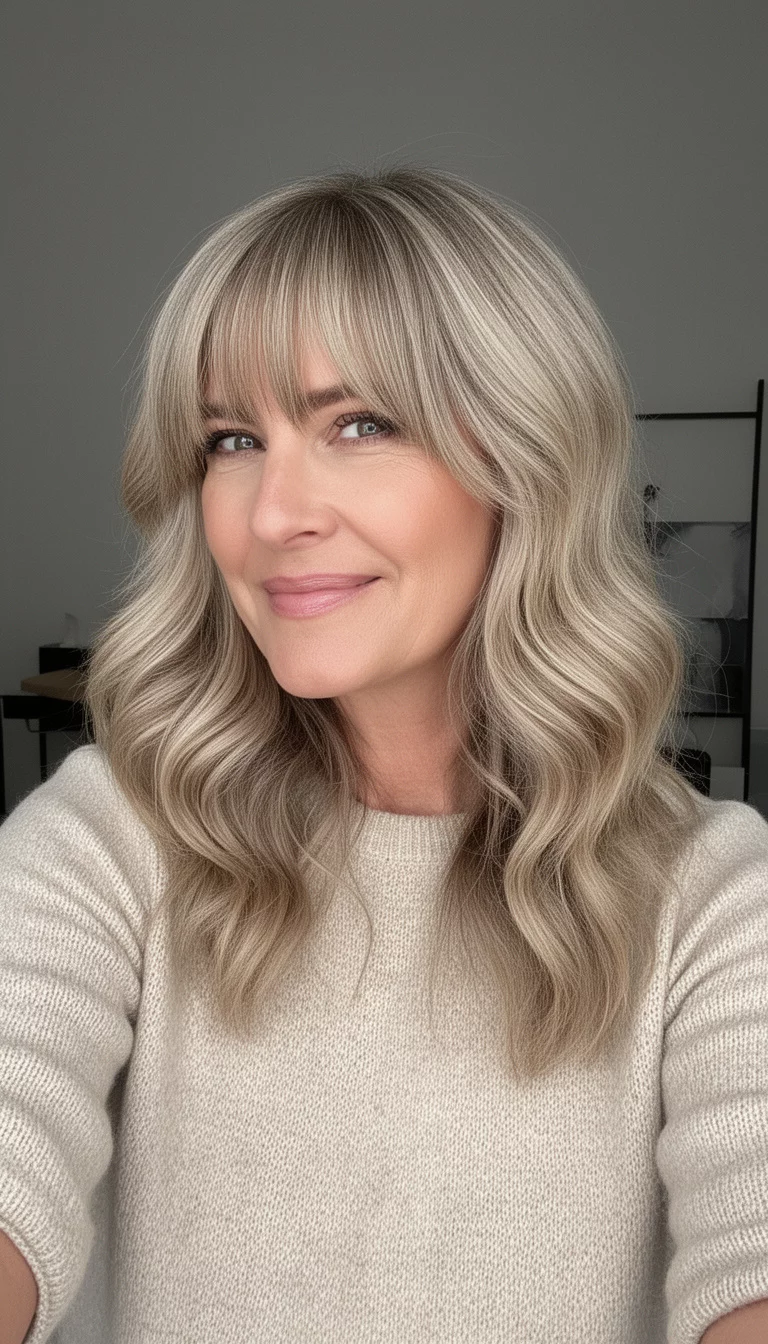 selfie of a 45-year-old woman wearing a light beige knit top with a Curtain Bang Volume Blend colored medium-long, dimensional blonde hair styled in voluminous waves with curtain bangs, three-quarter side angle, minimal background