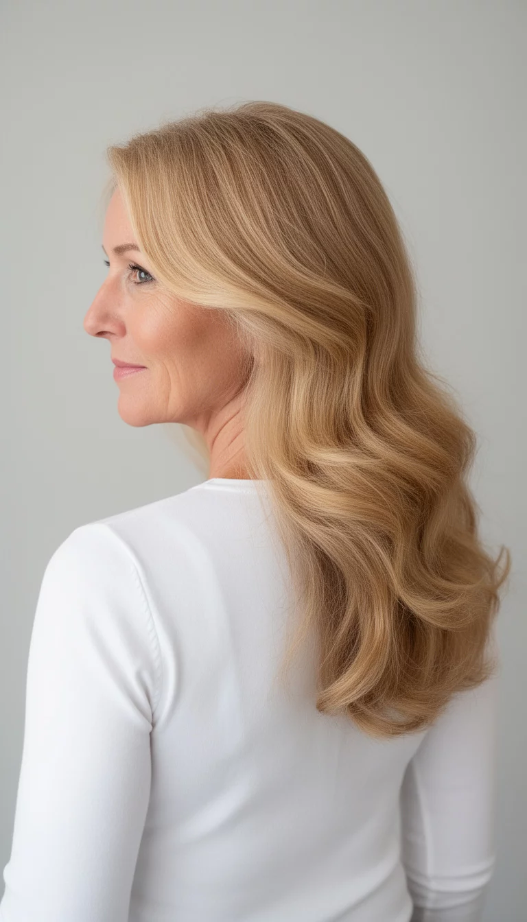 selfie of a 47-year-old woman wearing a white top with a Rear Profile Warmth colored long, warm blonde hair in soft waves, parted to the side, rear three-quarter angle, minimal background