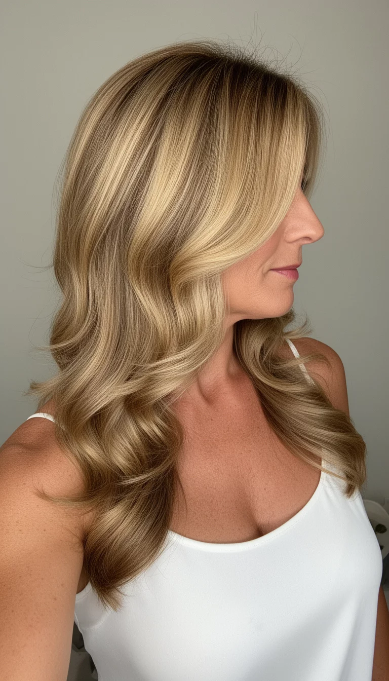 selfie of a 46-year-old woman wearing a white spaghetti strap top with a Warm Flowing Golden Layers colored warm blonde hair with lighter face-framing highlights styled in soft, voluminous, long layers, side view, minimal background