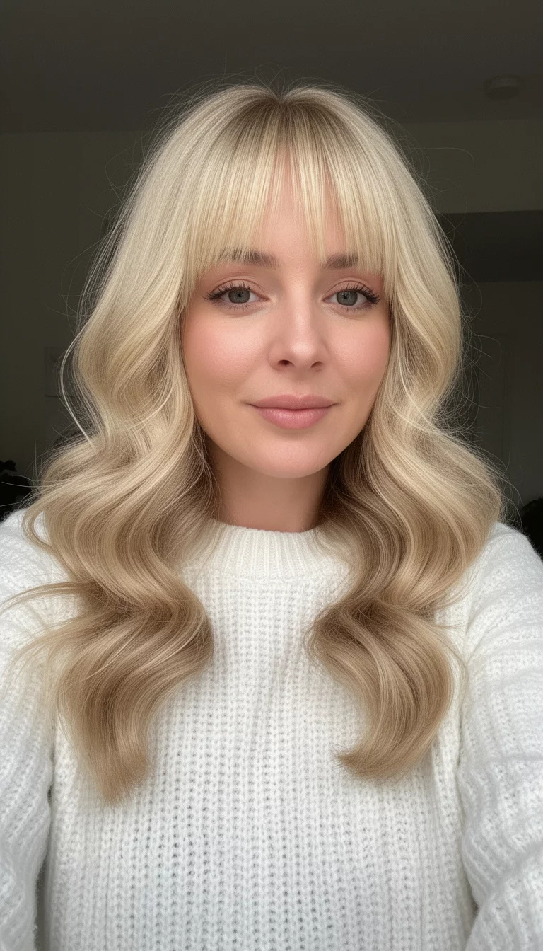 selfie of a 33-year-old woman wearing a textured white sweater with a High Contrast Ribbon Waves colored bright blonde hair with soft curtain bangs styled in large, voluminous waves, front view, minimal background