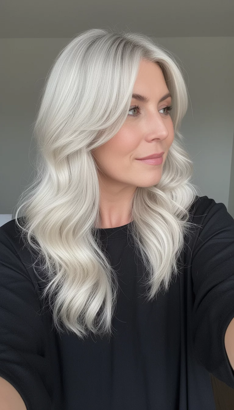 selfie of a 37-year-old woman wearing a black loose-fitting top with a Platinum Layered Frame colored long, platinum blonde hair with soft layers and subtle waves framing the face, side view, minimal background