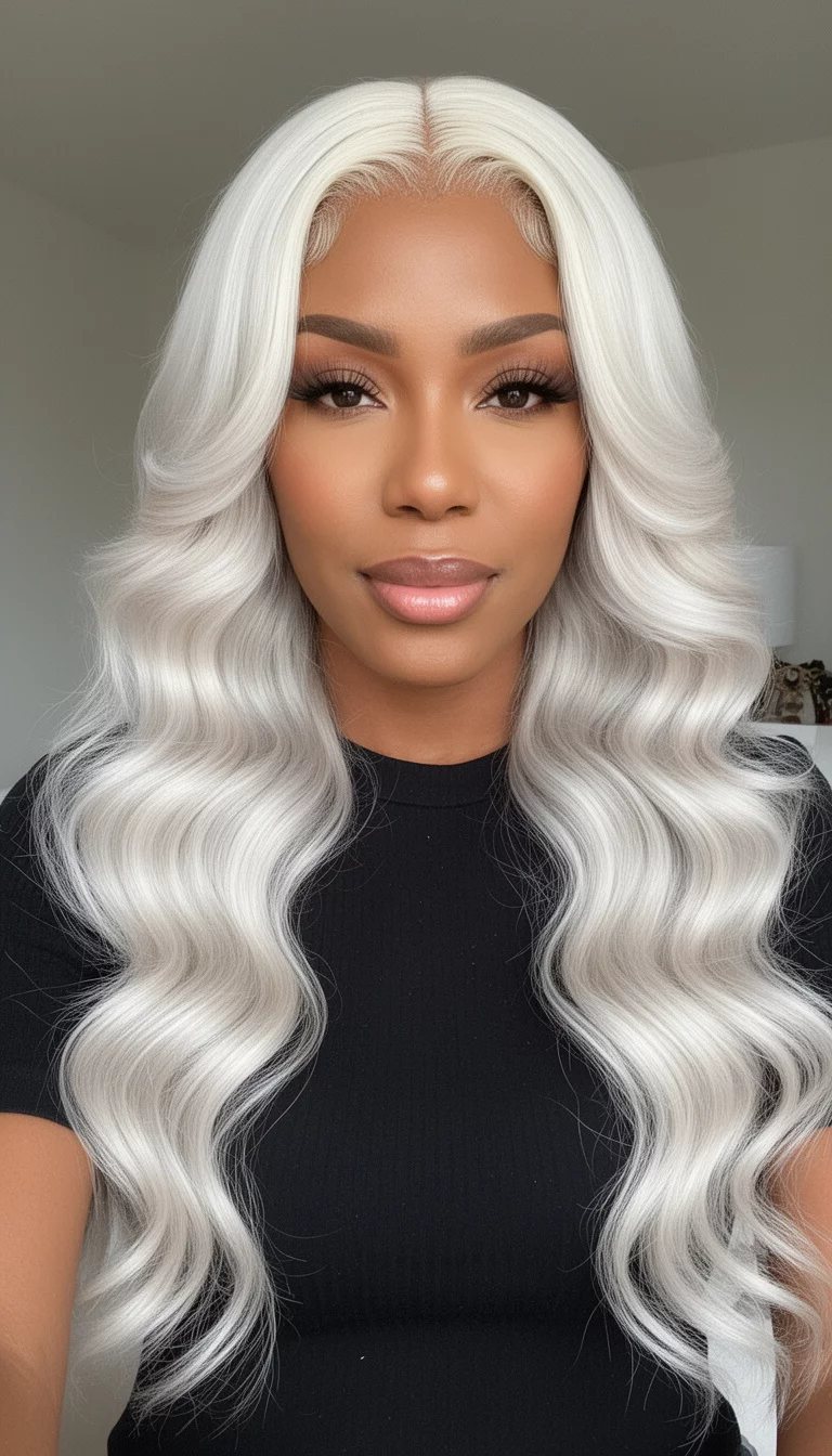 selfie of a 35-year-old woman wearing a black top with a Platinum Wave Frontal colored very long, bright, platinum blonde hair styled in voluminous, defined waves with heavy face-framing layers, front view, minimal background