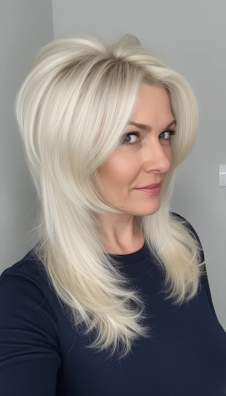selfie of a 44-year-old woman wearing a dark top with a High Volume Platinum Profile colored very long, bright blonde hair with voluminous styling and face-framing layers, side view, minimal background