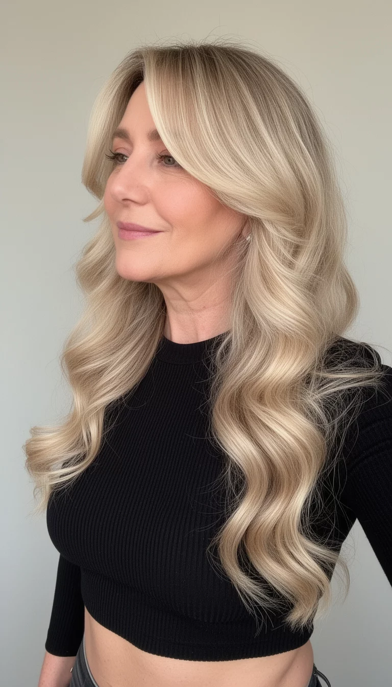 selfie of a 43-year-old woman wearing a black ribbed crop top with a Old Money Aesthetic Blonde colored long, 