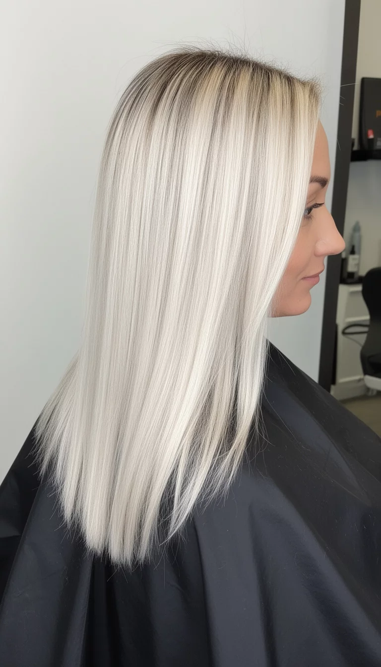 selfie of a 31-year-old woman wearing a black salon cape with a Refined Platinum Polish colored long, straight platinum blonde hair with subtle darker roots, side/back view, minimal background